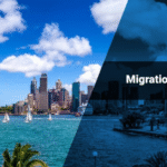 Split image with Sydney Opera House and cityscape under blue sky on the left, Australian flag waving. Right side shows darkened Sydney Harbour Bridge with "Migration To Australia" text.