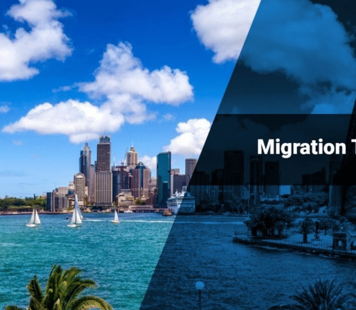 Split image with Sydney Opera House and cityscape under blue sky on the left, Australian flag waving. Right side shows darkened Sydney Harbour Bridge with "Migration To Australia" text.
