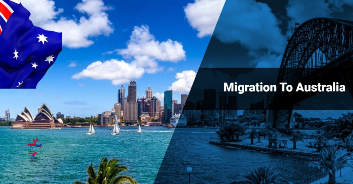 Split image with Sydney Opera House and cityscape under blue sky on the left, Australian flag waving. Right side shows darkened Sydney Harbour Bridge with "Migration To Australia" text.